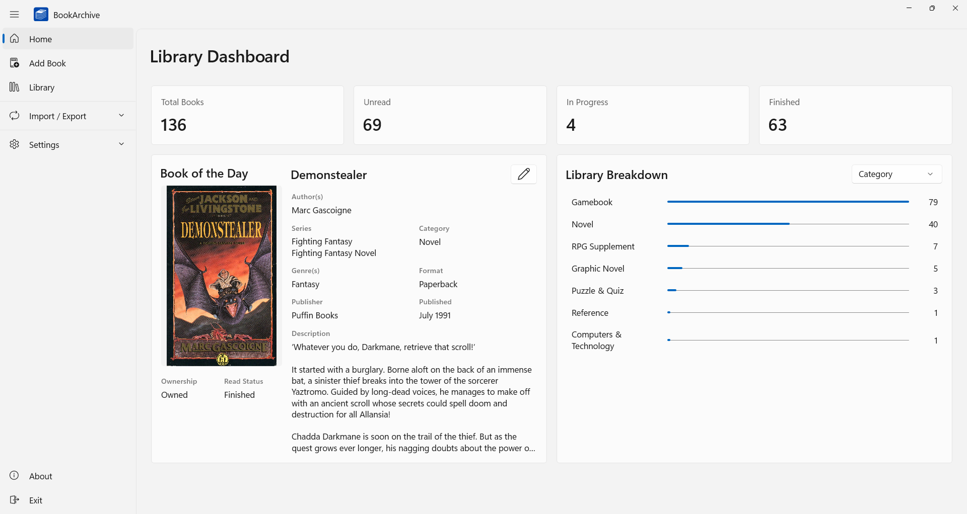 BookArchive Home page showing dashboard information