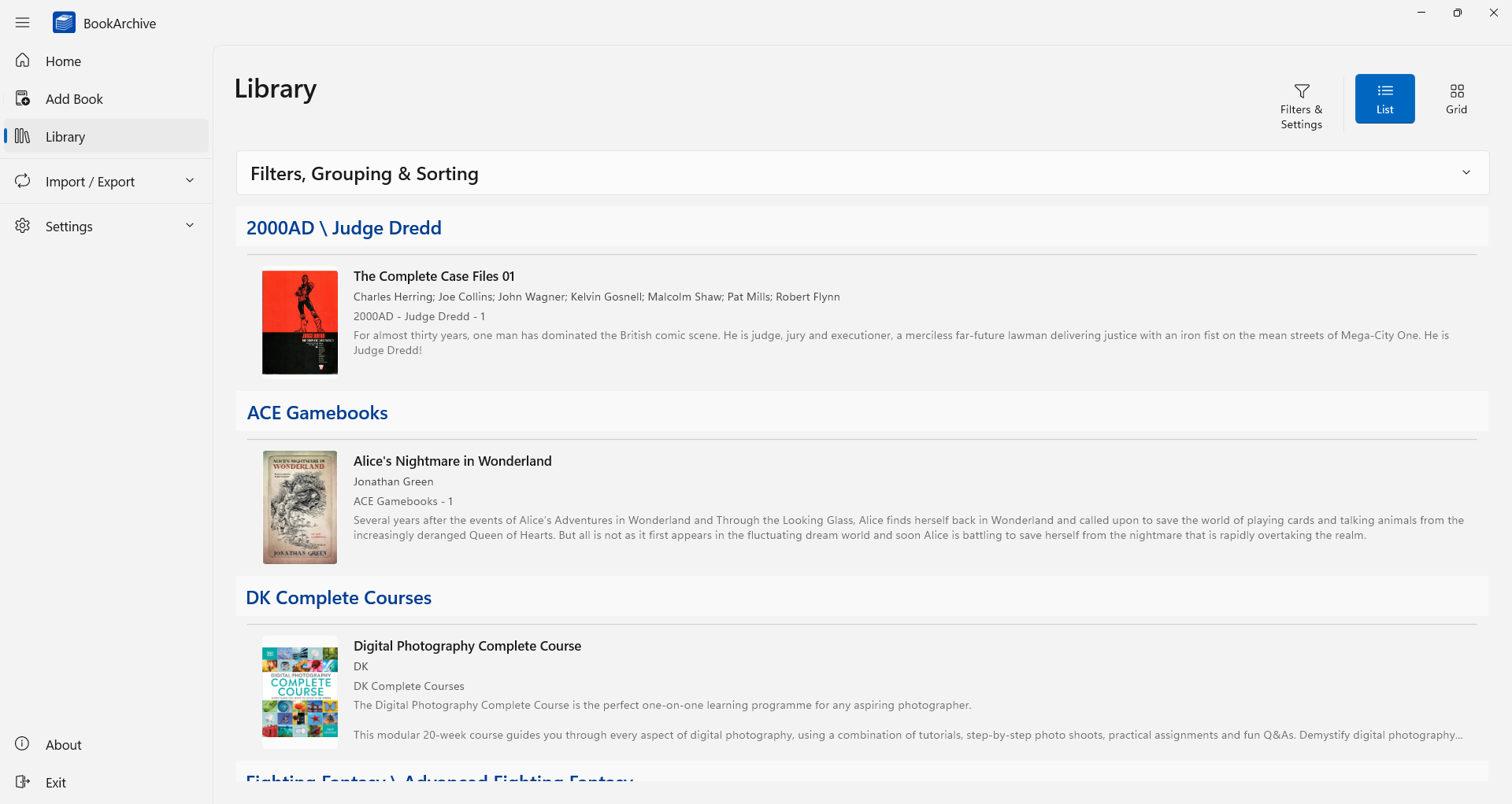 BookArchive Library page showing the List view